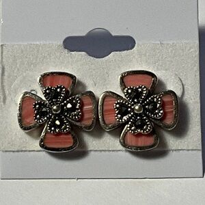 Chic Spiny Oyster, Marcasite, and Sterling Silver Floral Earrings